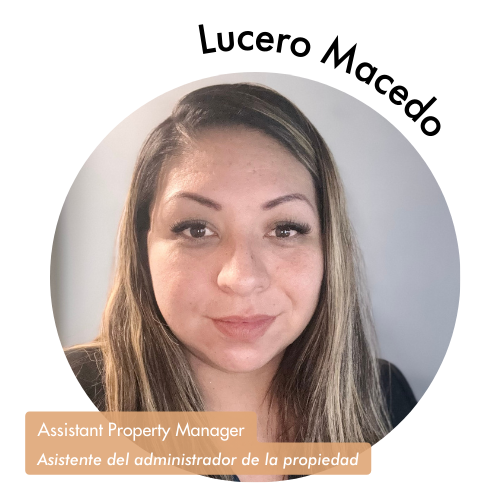 Pictured is Liz Martinez in a circle shaped image. She is looking into the camera with a brown wall behind her and dark brown hair. Her name is on the upper right in bold black letters curving around the image. On the bottom left, her position title is written in white with a tan highlight. It reads, "Payroll & Benefits Assistant, Asistenta de nóminas y beneficios."